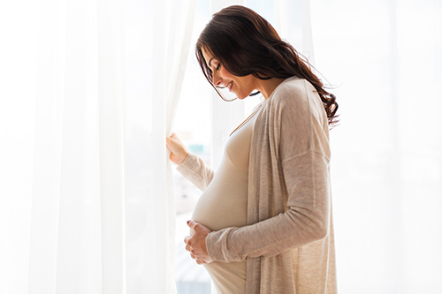 pregnant woman standing in window